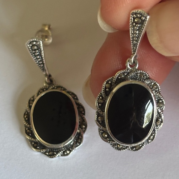 Sterling Silver and Marcasite Black Onyx and Silver Earrings - Picture 4 of 4